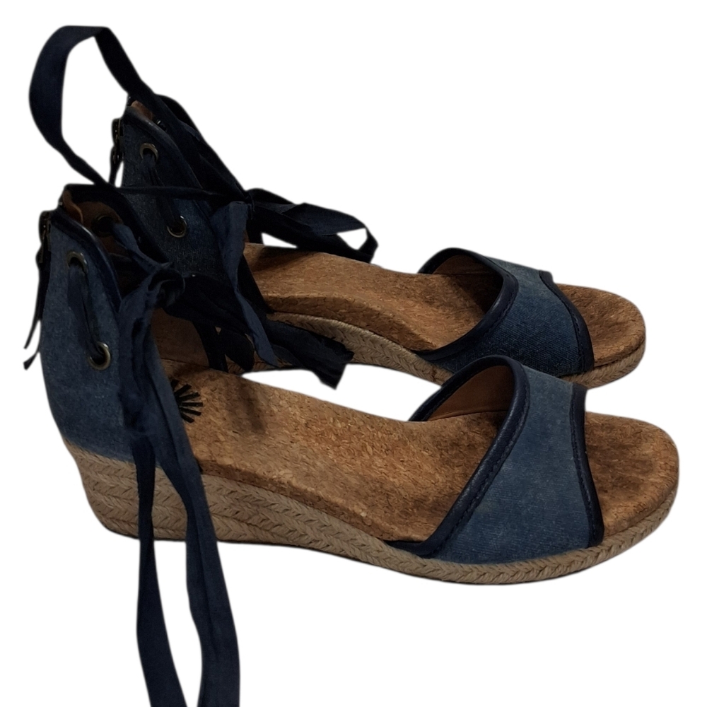 UGG Amell Denim Blue Espadrille Wedge Sandals Canvas Ankle Tie Wrap Bow Size 6